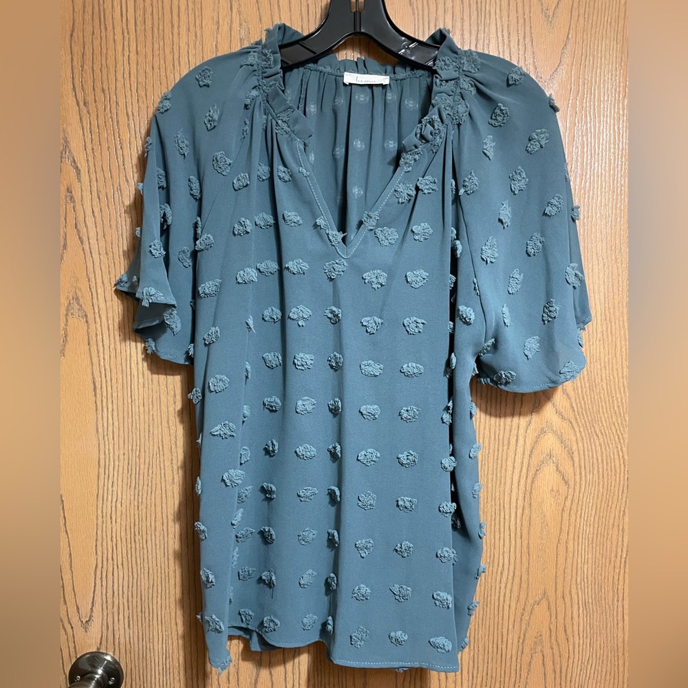 Teal Textured Blouse with Flutter Sleeves and Large Swiss Dot Style